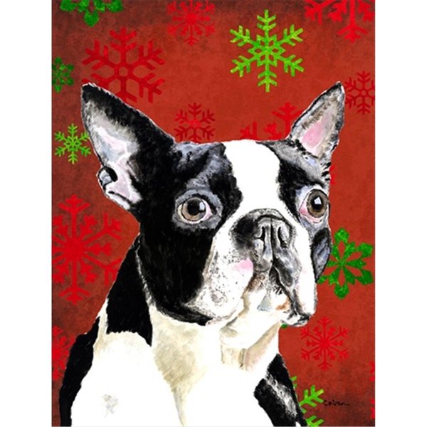 Patioplus 11 x 15 in. Boston Terrier Red Green Snowflakes Christmas Garden Size Flag PA55214